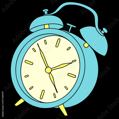 A charming blue vintage alarm clock with yellow accents and hands pointing to a specific time, ready to ring and wake someone up