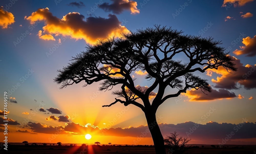 Obraz premium Sunrise illuminates a majestic umbrella thorn acacia tree silhouetted against the vibrant Serengeti sky, its branches reaching towards the golden light, tree, wildlife photography, Africa