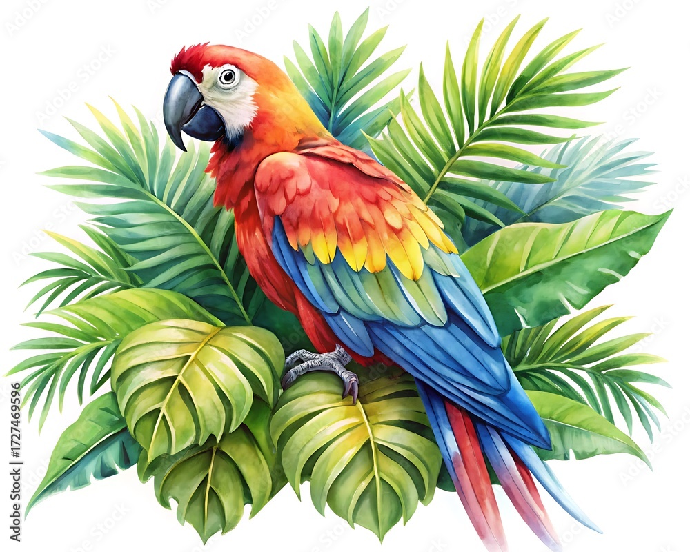 Obraz premium Watercolor illustration of a colorful macaw parrot perched among lush green tropical leaves and foliage, vibrant and exotic