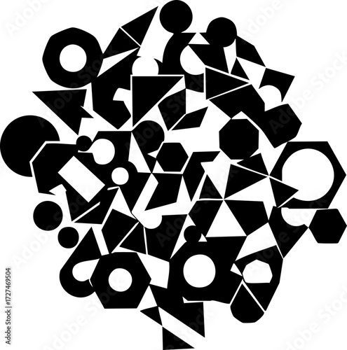 Dynamic abstract composition of geometric shapes in black and white, creating a modern, artistic, and visually striking pattern for design projects.
