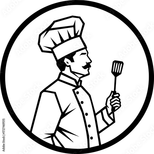 Skilled chef with mustache proudly holds spatula, ready to create culinary masterpieces for discerning diners in a professional kitchen setting.