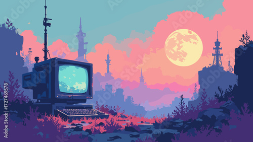 Retro tech junkyard turned into a landscape, CRT towers and floppy cliffs