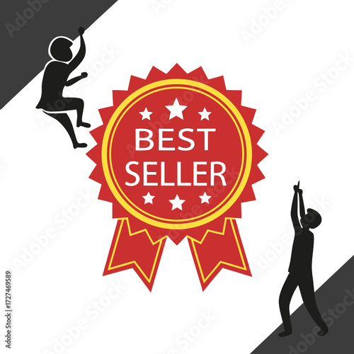 Silhouettes of people reaching for a prominent red and gold best seller award badge, symbolizing achievement and success in business
