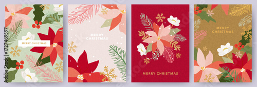 Merry Christmas greeting card Set. Modern beautiful Xmas design with hand drawn Poinsettia flowers, holly berries, fir branches, snowflakes pattern and typography. Art banner, poster, cover templates.