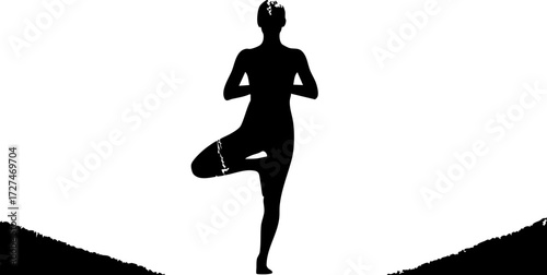 Serene silhouette of a woman practicing tree pose yoga, finding balance and inner peace in a dynamic posture for wellness and mindfulness.