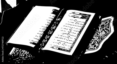 Sacred scripture opened to ornate pages, symbolizing faith, knowledge, and spiritual enlightenment for devout readers.