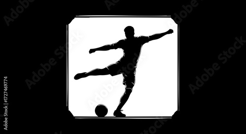 Dynamic soccer player silhouette capturing a powerful shot on a clean, modern field, perfect for sports branding and athletic promotions.