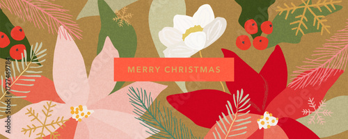 Merry Christmas greeting card Set. Modern beautiful Xmas design with hand drawn Poinsettia flowers, holly berries, fir branches, snowflakes pattern and typography. Art banner, poster, cover templates.