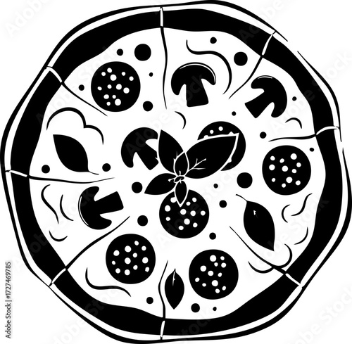 Delicious whole pepperoni and mushroom pizza artfully drawn for culinary inspiration and restaurant branding