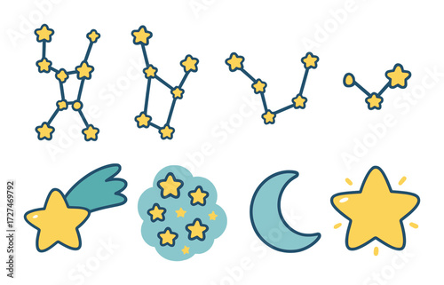 Whimsical celestial symbols and constellations on dark background with stars and moon