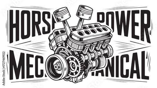 Detailed vector illustration of a V engine showcasing mechanical horsepower perfect for automotive designs and engineering projects