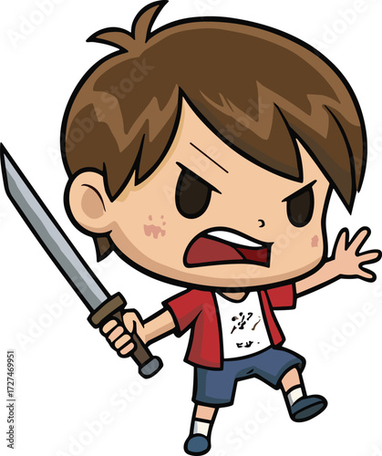 Cartoon boy warrior, red jacket, sword fighter, angry expression, dynamic action pose, heroic character, battle stance, fantasy illustration, strong defense, adventure