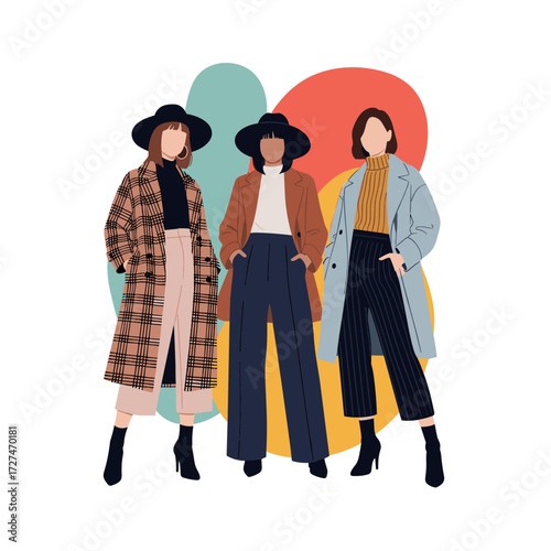 Fashionable women showcasing stylish autumn winter outfits with hats and coats.