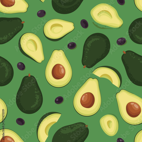 A vibrant repeating pattern of sliced and whole avocados with scattered black olives on a green background.