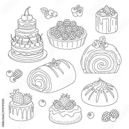 Collection of delicious and decorative cakes and desserts outlined in black and white.
