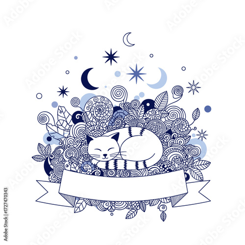 Whimsical sleeping cat surrounded by starry night and floral doodles.