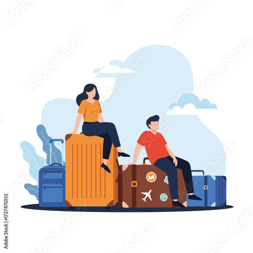 A couple relaxing on their luggage waiting for their vacation to begin.