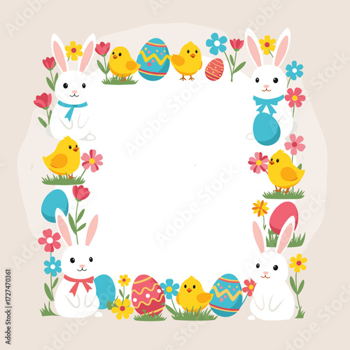 A charming square frame adorned with adorable Easter bunnies and fluffy chicks surrounded by colorful springtime flowers and festive eggs.