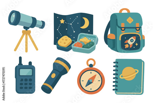 Camping and stargazing essentials: telescope, map, backpack, compass, flashlight