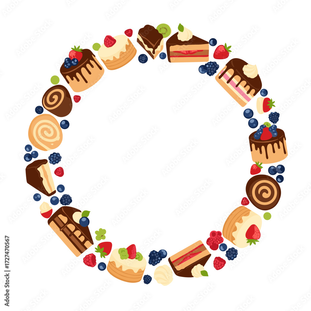 Fototapeta premium A circular arrangement of delicious assorted pastries and fresh berries is presented.
