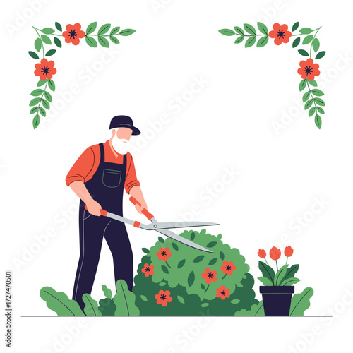 An elderly man with a beard wearing overalls and a hat carefully trims a green bush with red flowers using garden shears.
