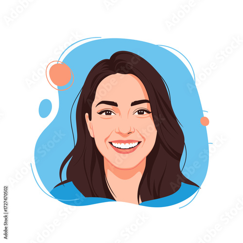 Friendly young woman with brown hair smiling warmly with blue abstract background elements.