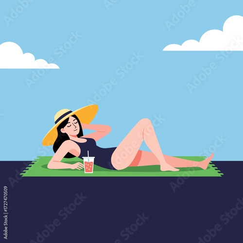 A woman in a swimsuit and sun hat relaxes on a beach towel with a drink.