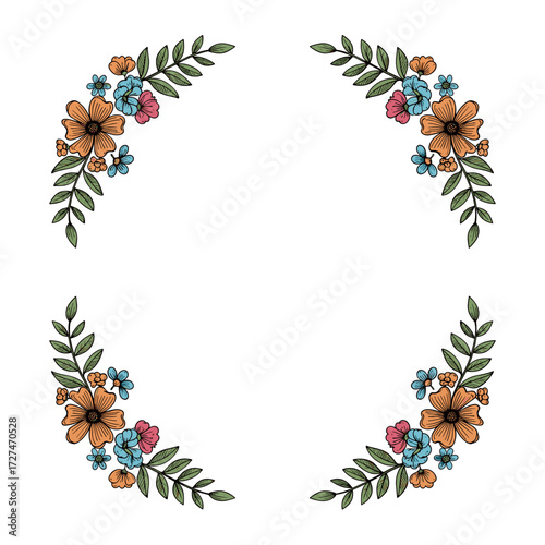 Beautiful floral corner decorations featuring delicate blossoms and lush green leaves in a watercolor style.