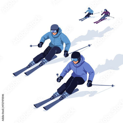 Athletes skillfully descend a snowy mountain slope on skis during a winter sports competition.
