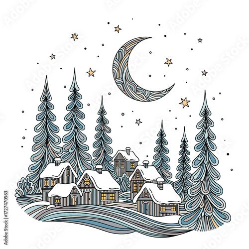 A charming winter village nestled among snow-covered evergreen trees under a starry crescent moon.