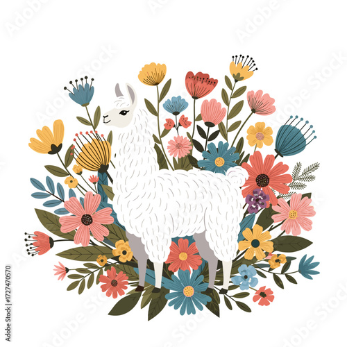 A charming white llama stands proudly amidst a vibrant bouquet of colorful wildflowers and lush green leaves.