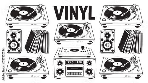 Vintage vinyl record player set black and white vector illustration of turntables speakers and records isolated on white background