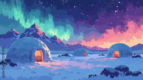 Futuristic tundra with glowing chrome igloos and pixel aurora skies