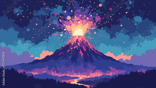 Checkerboard volcano erupting glitter sparks into holographic night