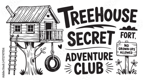 Hand-drawn treehouse illustration with tire swing and ladder vector design for adventure club logo isolated on white background