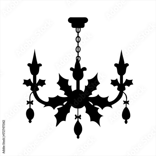 Black silhouette of a decorative chandelier with holly leaves