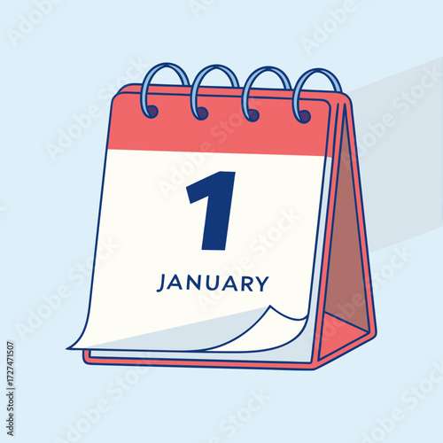 A simple illustration of a desk calendar showing the first day of january, with a blue spiral binding and a red top