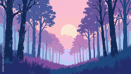 Chrome forest with trees bending like liquid metal under a pastel gradient sky