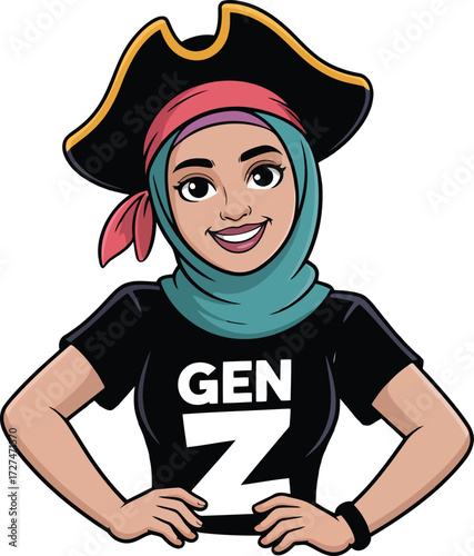 Gen Z pirate girl with hijab and black t-shirt Vector