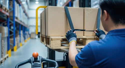 Warehouse employee securing strapped cardboard boxes on a pallet jack for safe transport in a modern logistics facility.