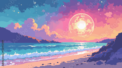 Surreal beach with giant disco-ball sun reflecting rainbow rays over pearlescent waves