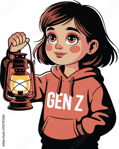 Girl Holding Lantern in Illustration featuring Gen Z Graphic against Transparent Backdrop