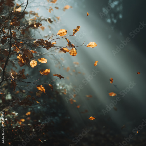 Low-angle cinematic scene with late-autumn fog and floating leaves edge-lit by warm rim light. Moody and atmospheric, perfect for editorial narratives