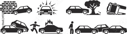 Car accident icons, crash scenarios, emergency vector, safety awareness, black and white, vehicle collision, insurance graphic, road danger, icon set, fire escape, flipped car, impact