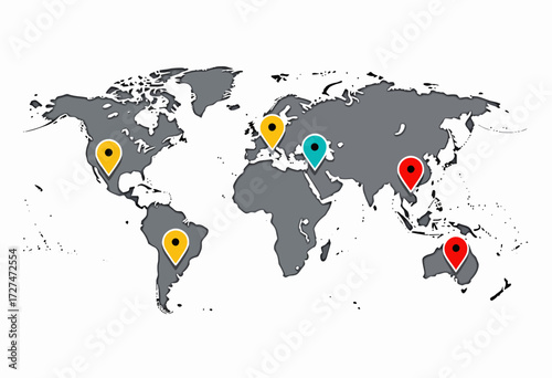 Global Map with Colorful Pinpoint Markers Indicating Specific Geographic Locations Across Continents on a Simplified Gray World Background