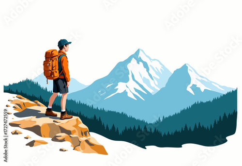 Illustrated Hiker with Backpack Overlooking Snow-Capped Mountain Range Surrounded by Dense Evergreen Forests in a Serene Wilderness Adventure Scene