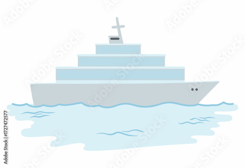 Illustration of a Modern Large Luxury Yacht with Multiple Decks Navigating Serene Waters Under a Clear Sky