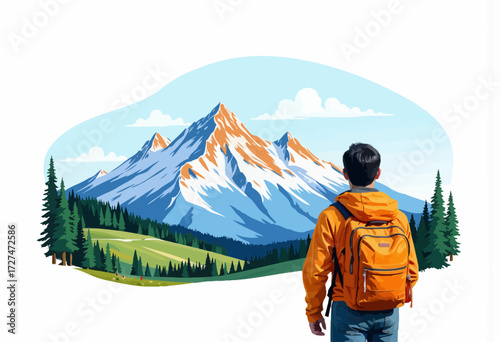 Vibrant Illustration of Lone Traveler Admiring Majestic Snow-Capped Mountain Landscape Surrounded by Lush Pine Forest Under a Clear Blue Sky