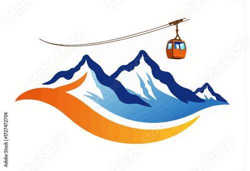 Mountain Adventure Depicted with Cable Car Over Scenic Snow-Capped Peaks and Flowing Abstract Hillside