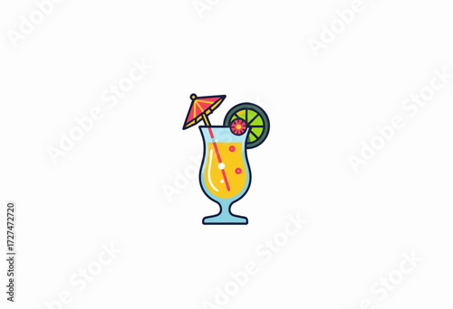Bright Tropical Beverage Illustration Featuring a Citrus Garnish and Colorful Umbrella in a Stylish Glass